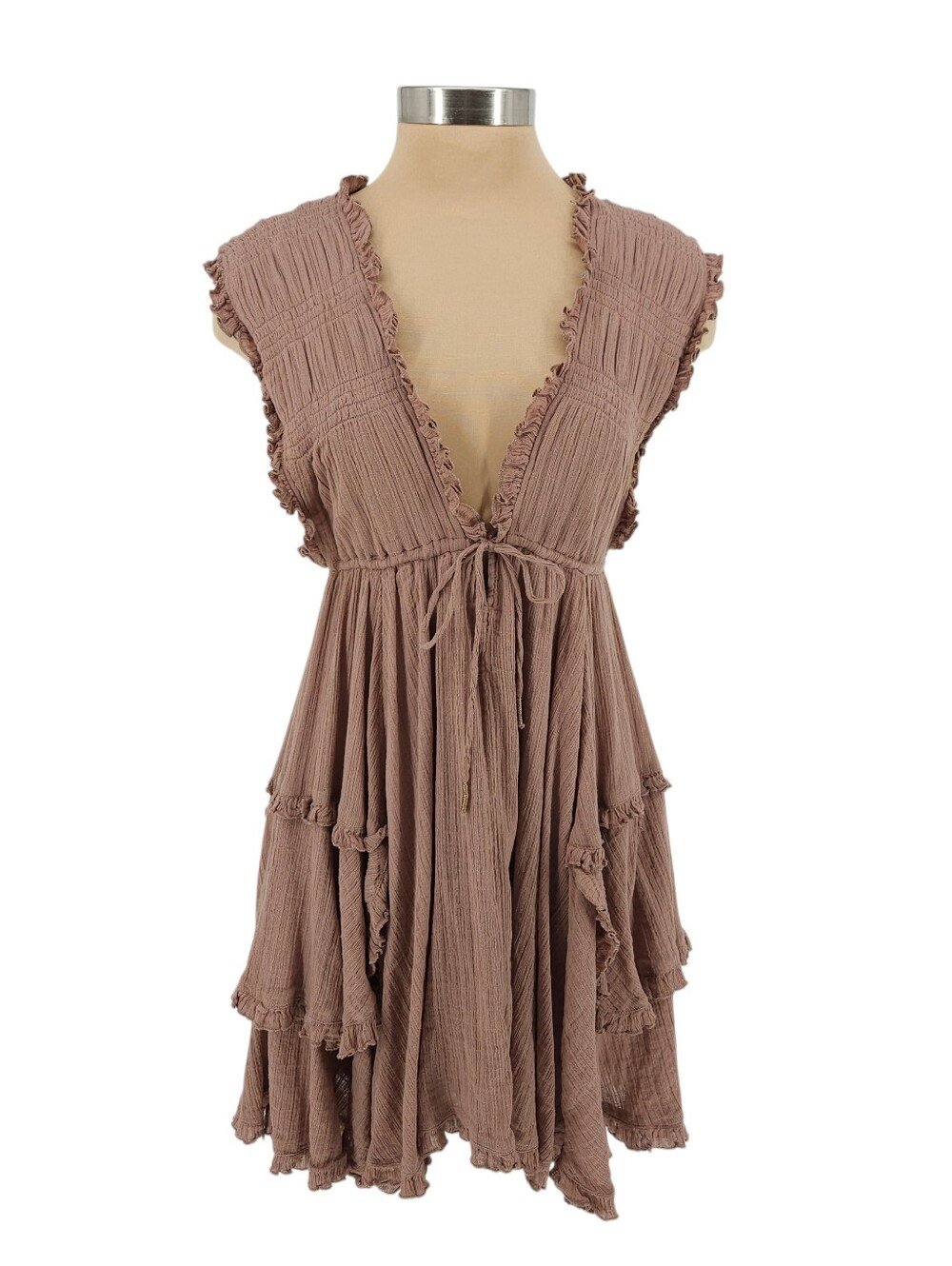 Free People Antoinette Fit Flare Dress Brown Gauze Sleeveless Ruffle VNeck Small